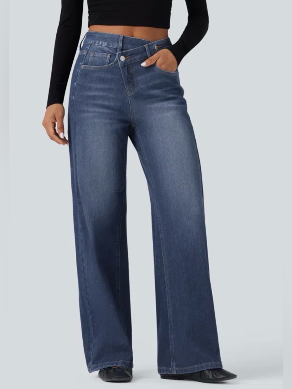 HALARA Flex™ Asymmetric High Waisted Washed Casual Baggy Jeans with Pockets M